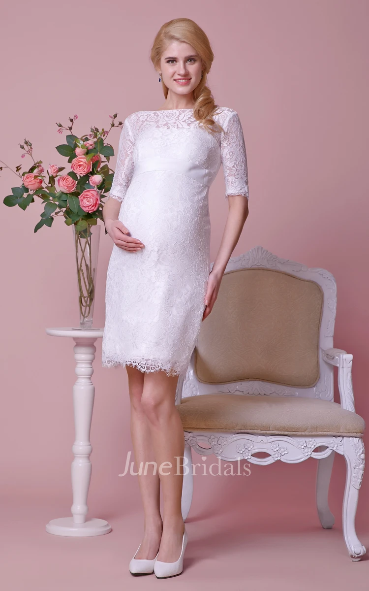 High Neck Allover Lace Knee Length Maternity Wedding Dress With Sash and Half Sleeves