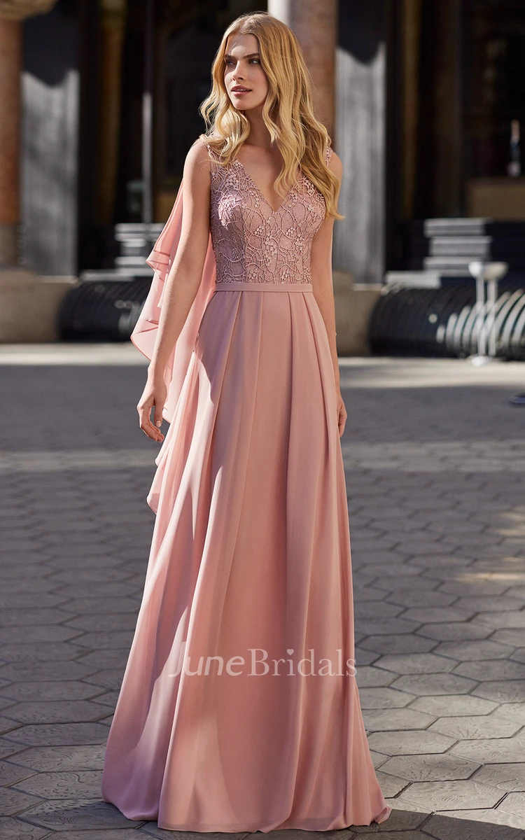 Modern A-Line V-neck Satin and Lace Sleeveless Evening Dress