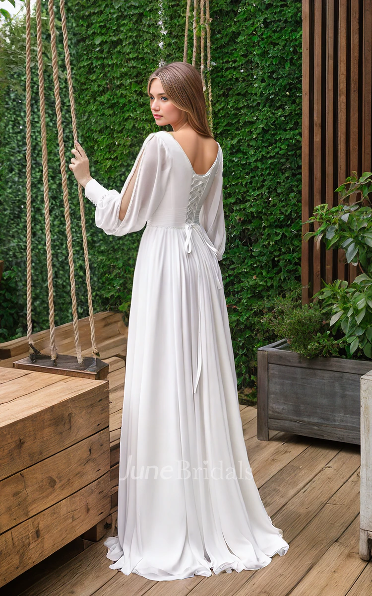 Simple Flowy A-Line Chiffon Corset Wedding Dress with Sleeves Ethereal Casual Beach Garden Outdoor V-Neck Sweep Train Bridal Gown
