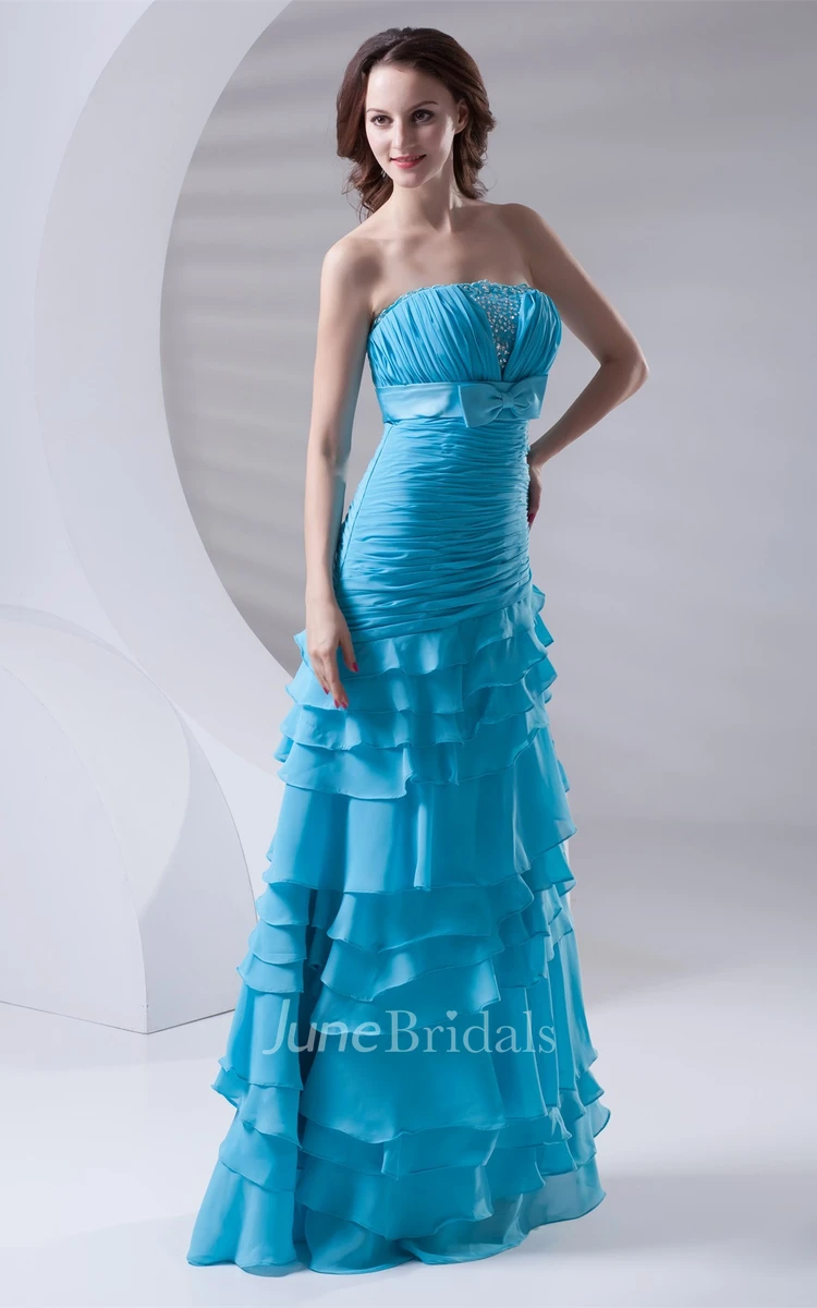 Chiffon Tiered Maxi Dress with Bow and Rhinestone