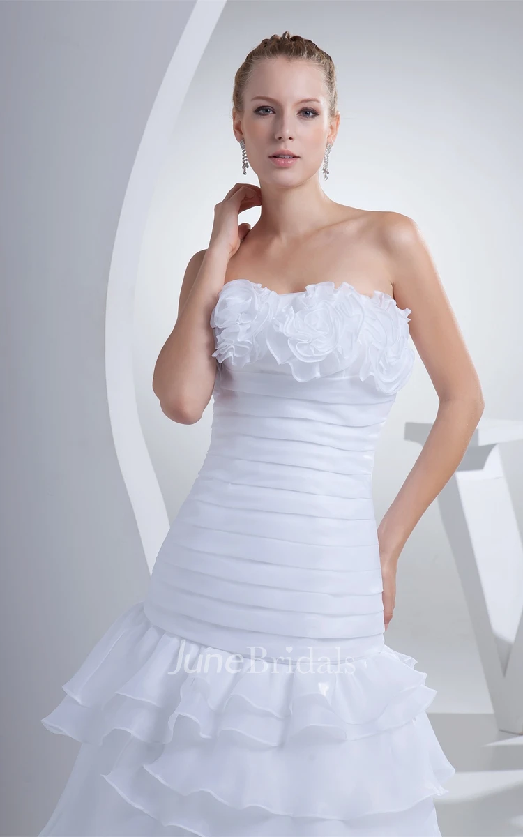 Strapless Ruched A-Line Dress with Tiers and Flower