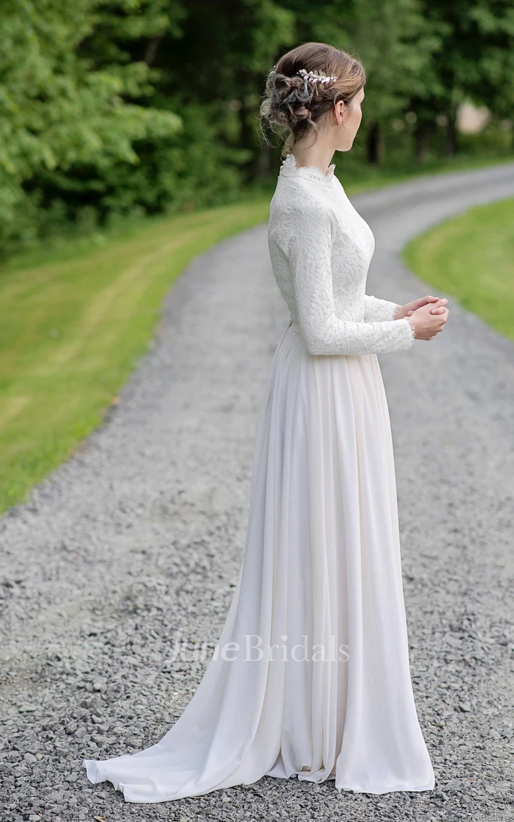 Modest Lace and Chiffon Jewel-Neck Long-Sleeve sheath Bridal Gown