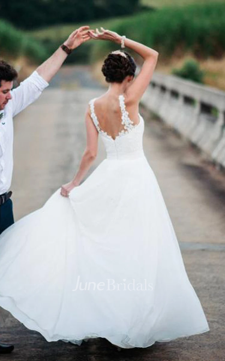 A Line Straps Chiffon Lace Floor-length Brush Train Sleeveless Wedding Dress