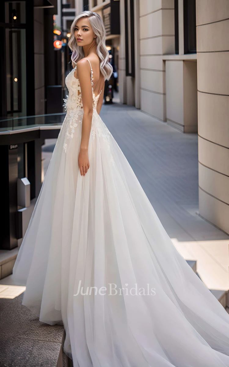 Ethereal Romantic A-Line Spaghetti V-neck Lace Tulle Wedding Dress Sexy Elegant Garden Sleeveless Appliques Floor-length Zipper Deep-V Back Bridal Dress with Train