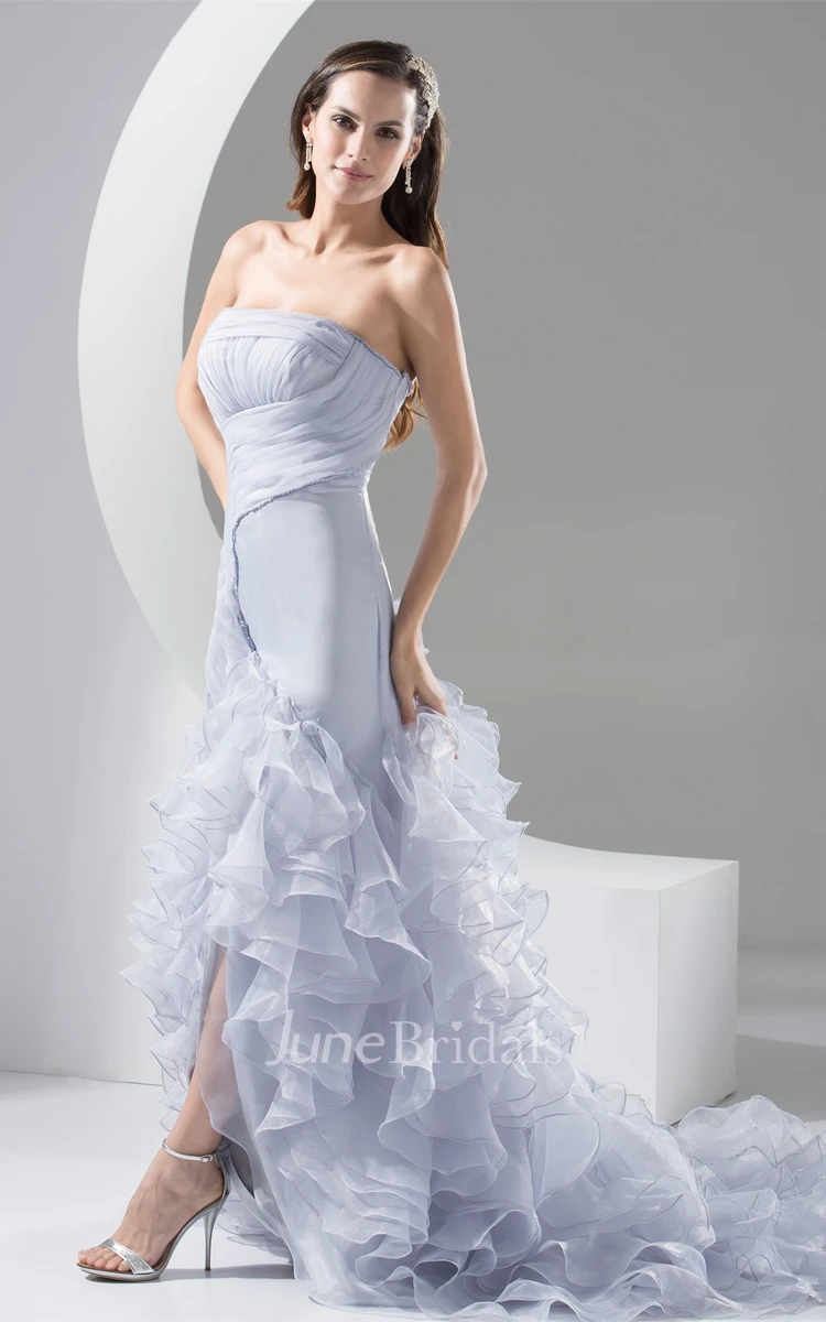 Strapless Column Front-Split Dress with Ruching and Cascading Ruffles