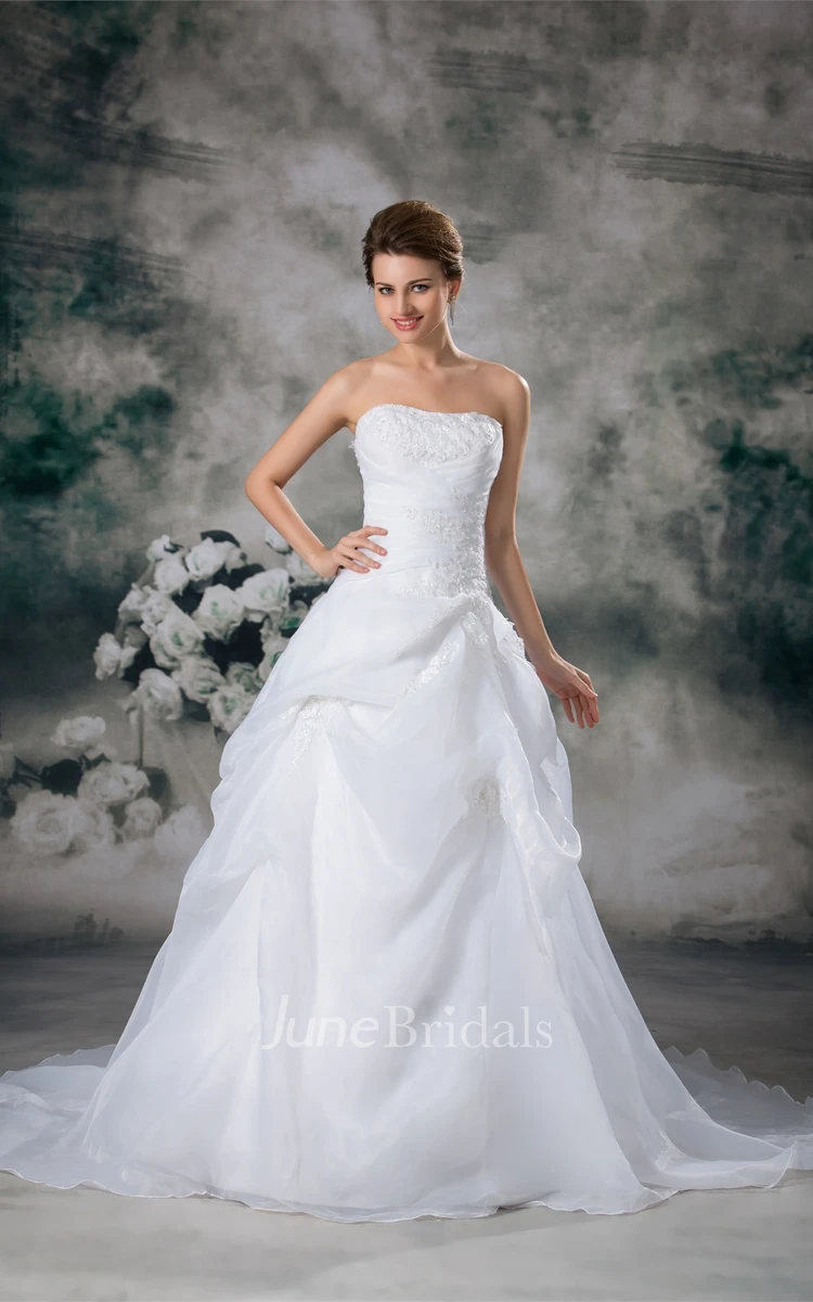 strapless pick-up ball lace gown with court train and appliques