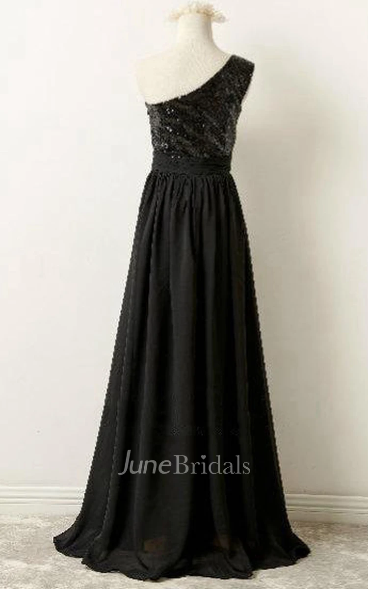 Long One-shoulder Chiffon Dress With Sequins