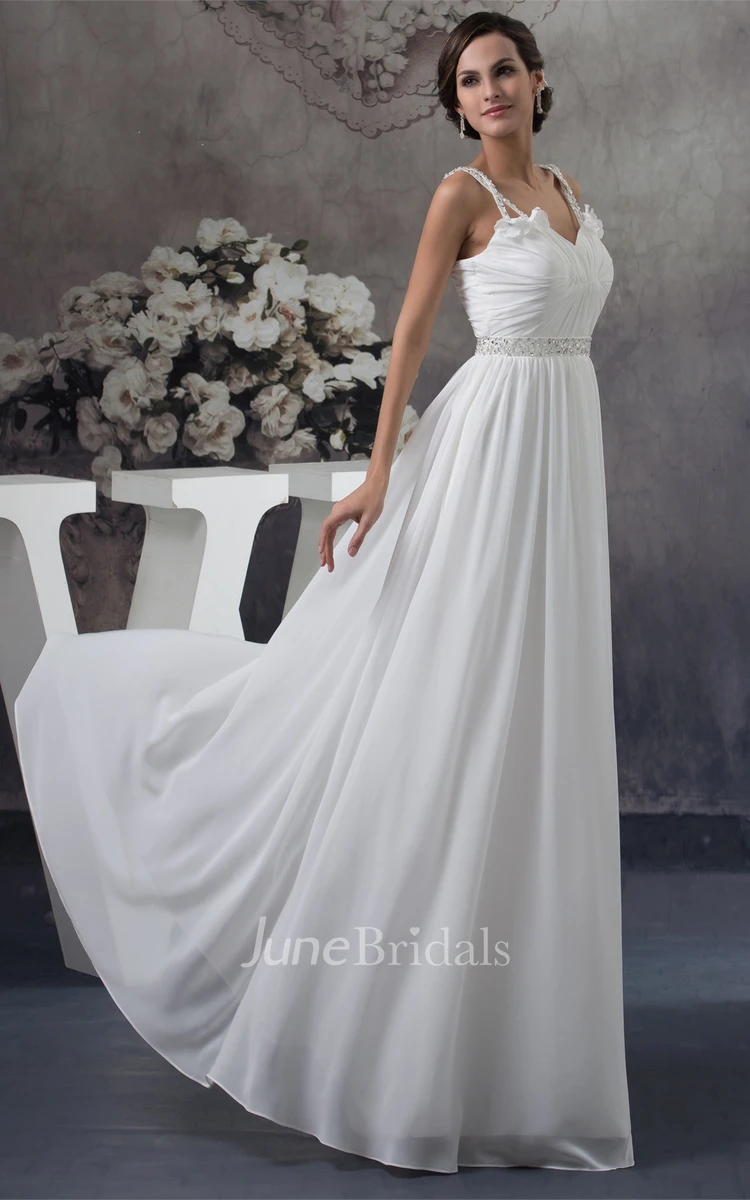 Flowered Sleeveless Ruched Floor-Length Chiffon Gown with Crystal Detailing