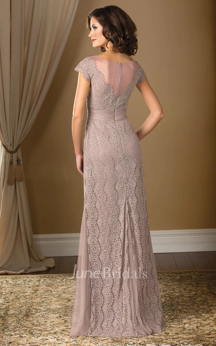 Cap-Sleeved Long Lace Mother of the Bride Dress With Illusion Back