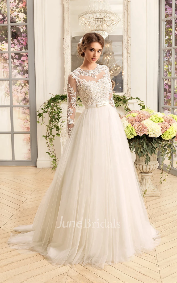 A-Line Floor-Length Jewel Illusion-Sleeve Lace-Up Tulle Dress With Appliques  And Pleats - June Bridals