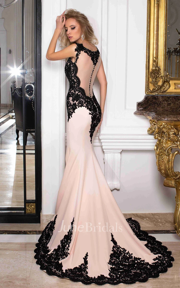 Mermaid Sleeveless Scoop Floor-Length Appliqued Jersey&Lace Prom Dress With Illusion Back And Sweep Train