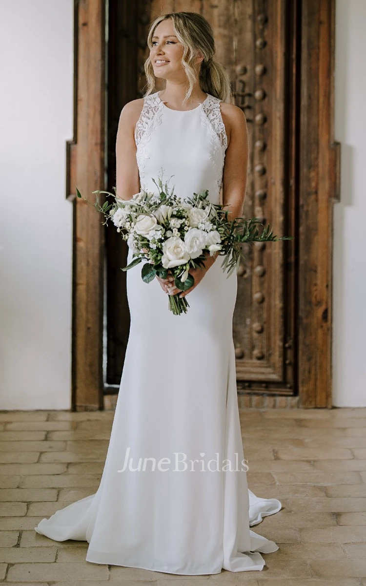 Simple Sheath Jewel Lace Neck Wedding Dress with Satin Sweep Train Keyhole Back