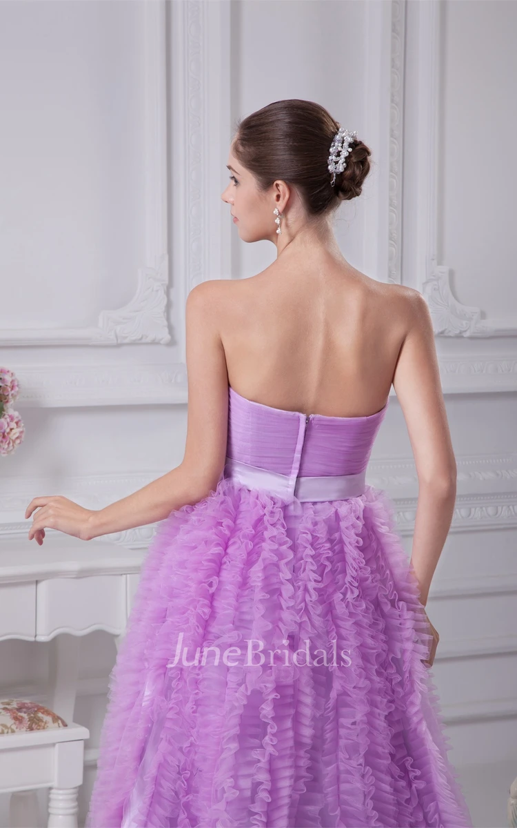 Strapless Ruched A-Line Gown with Ruffles and Broach