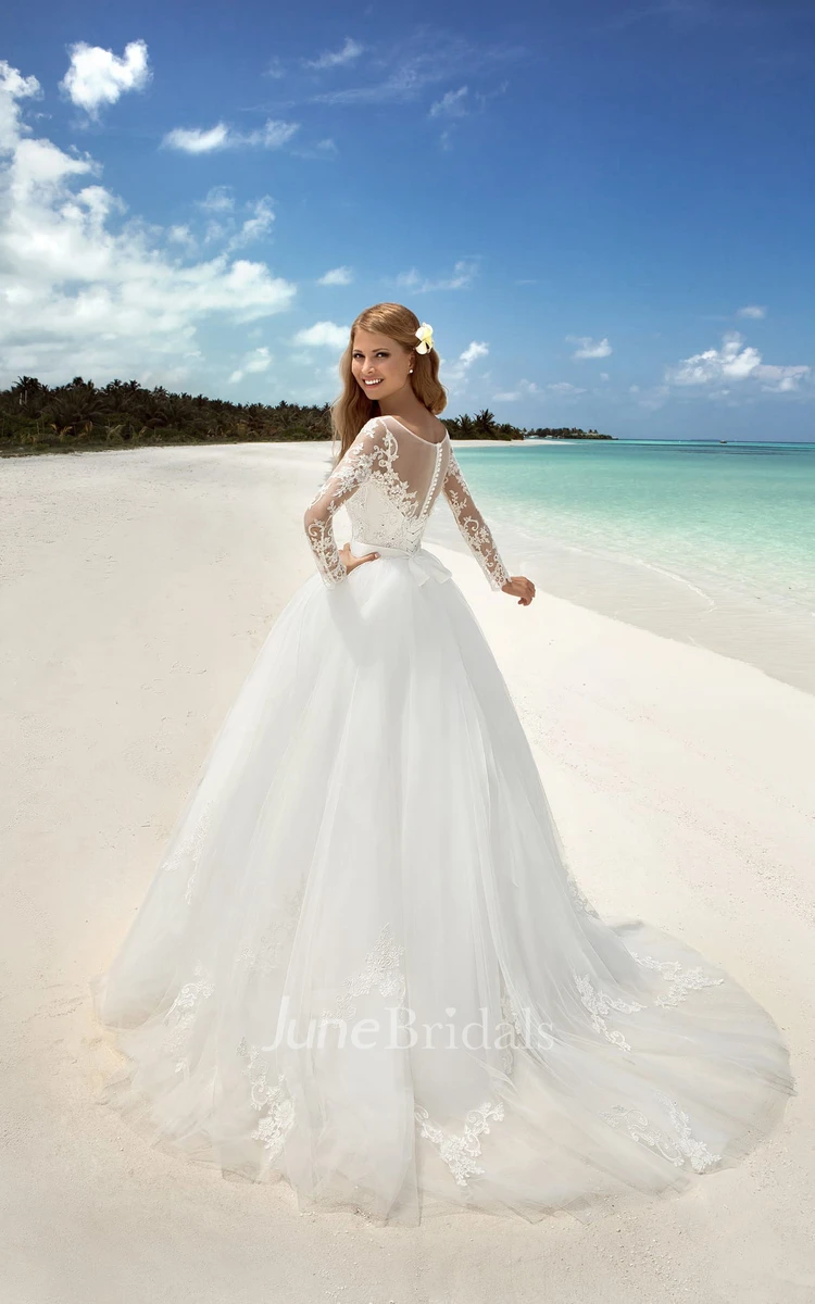 Ball Gown Floor-Length Bateau-Neck T-Shirt-Sleeve Illusion Tulle Dress With Beading And Appliques