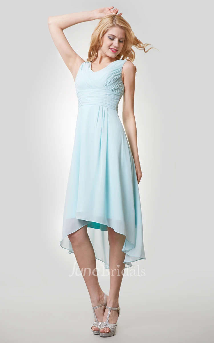 High-Low Chiffon Sleeveless V-Neck Dress With Ruching