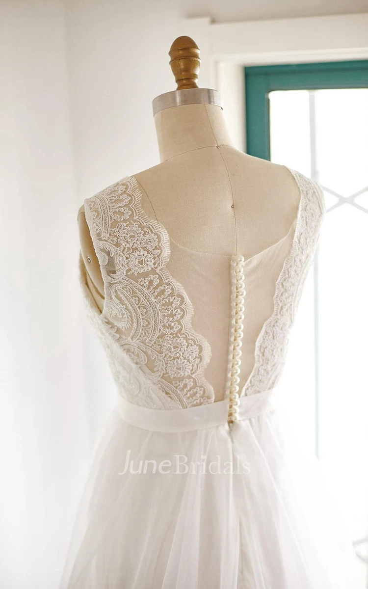 V-neck Sleeveless Lace Tulle Wedding Dress With Illusion Back
