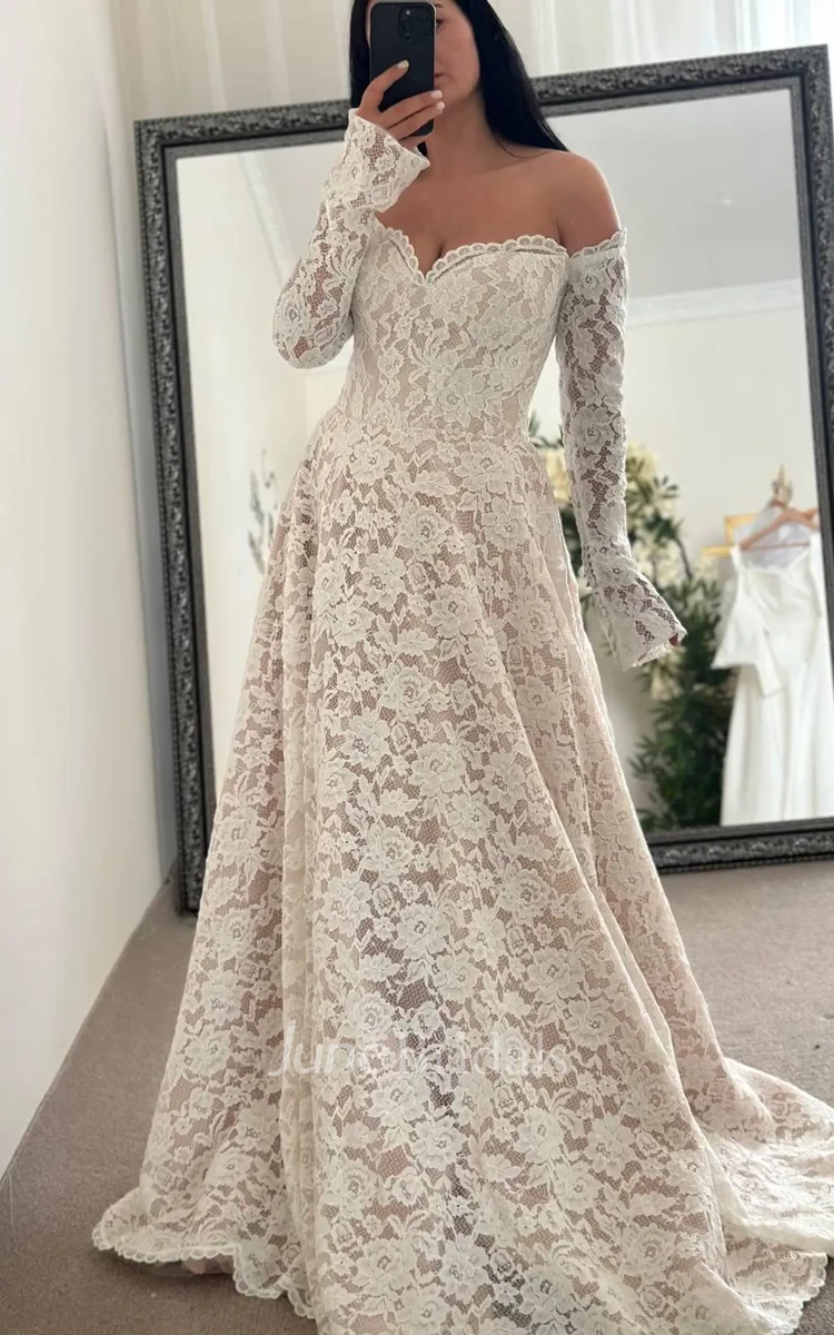 Bohemian Floral Lace Off Shoulder Wedding Dress Vintage Sweetheart A Line Long Sleeve Bridal Gown