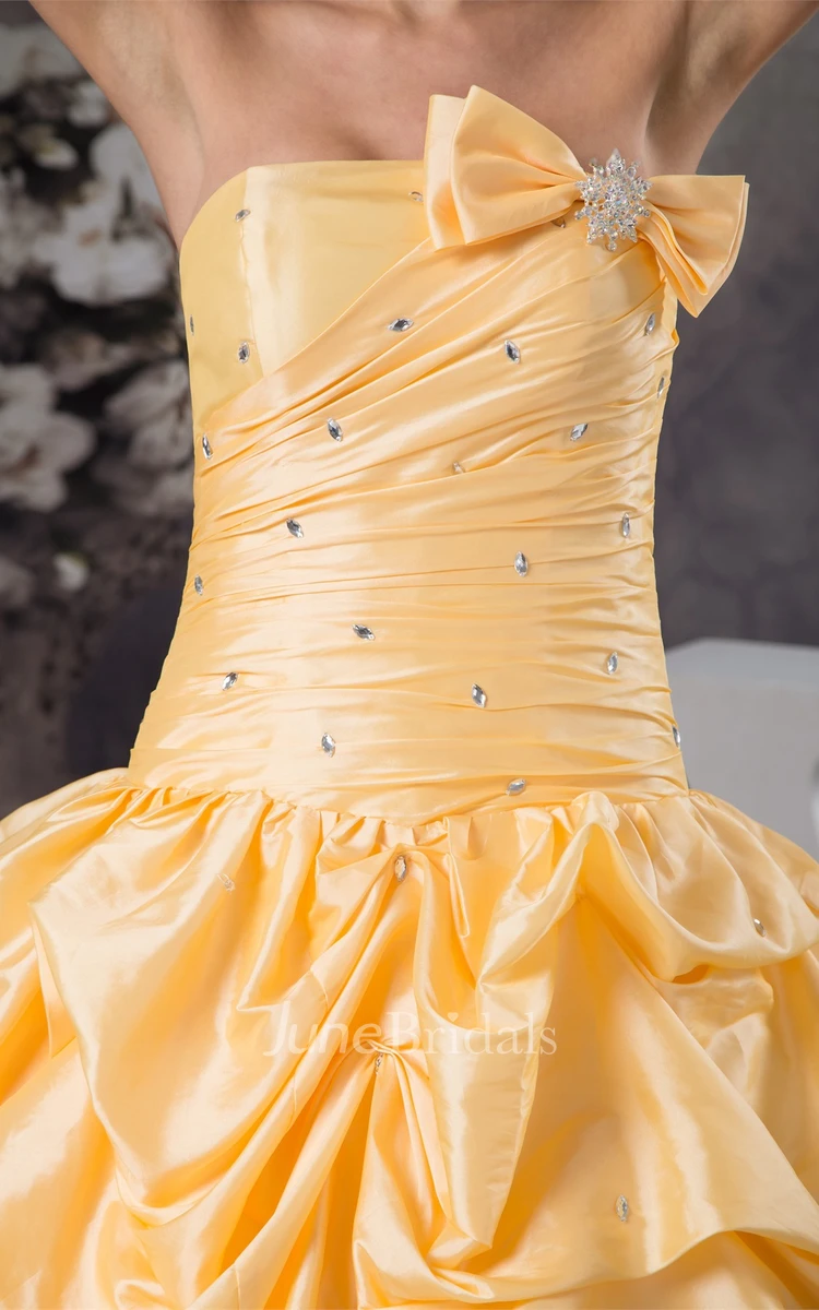 Strapless Ruched Pick-Up Ball Gown with Bow and Bolero