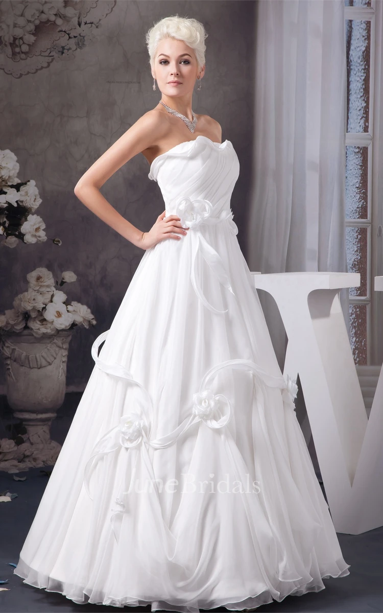 Strapless Ruched A-Line Gown with Flower and Bow