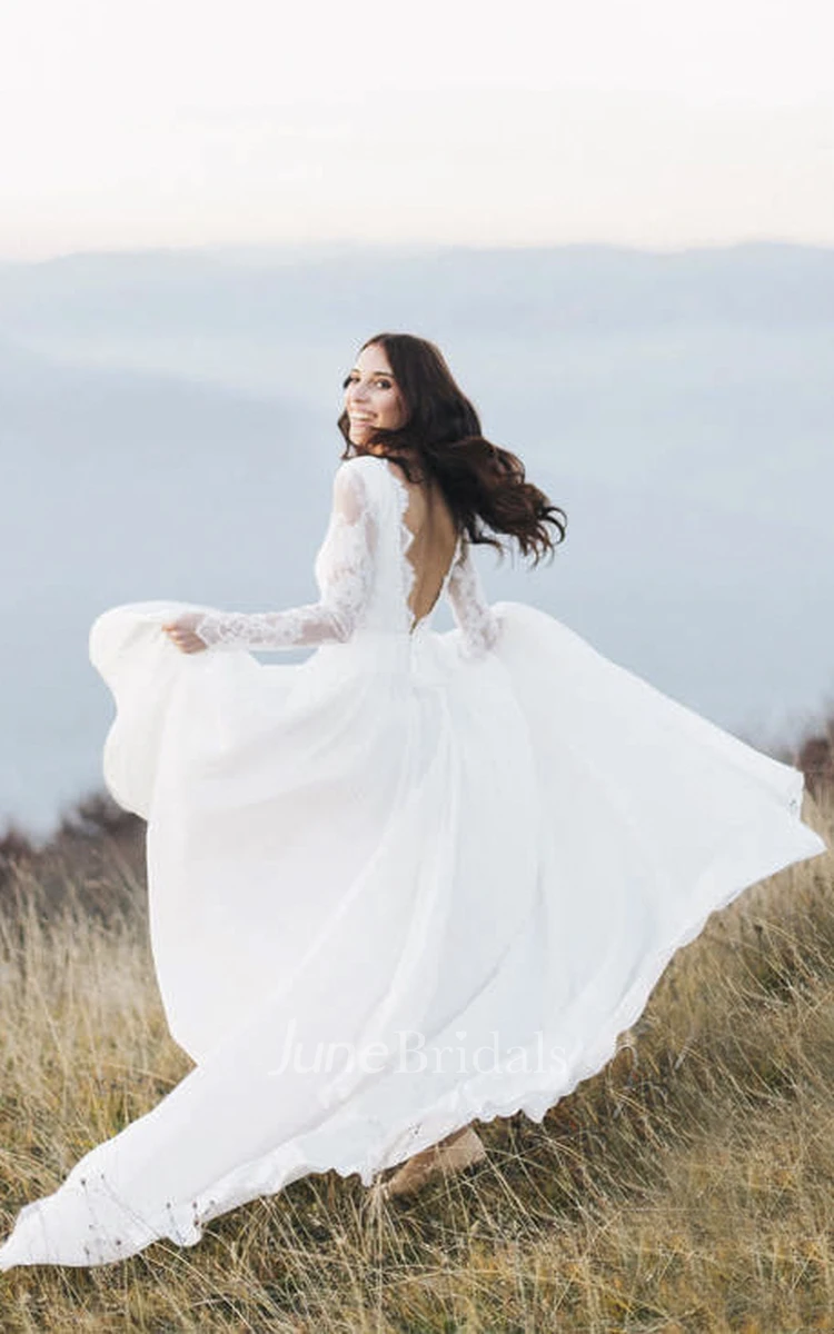 Chiffon Long Sleeve Illusion Wedding Dress With Deep V-back And Court Train