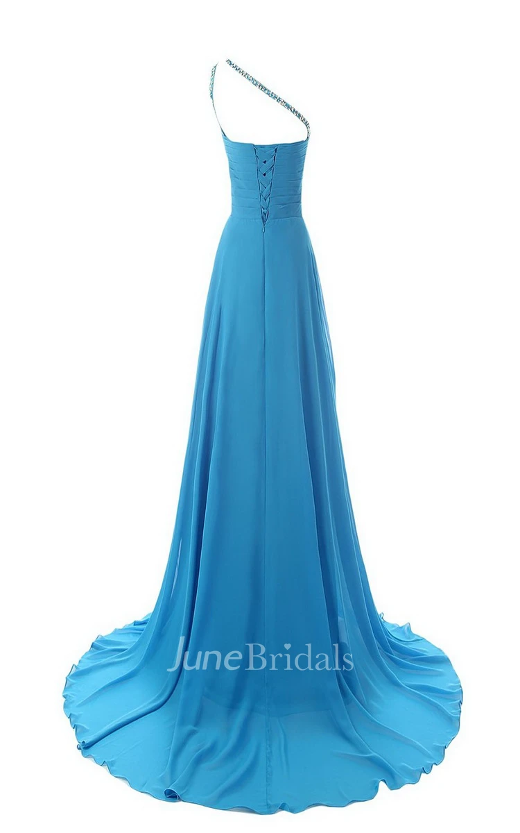 One-shoulder Ruffled Gown With Beadings and Sweep Train