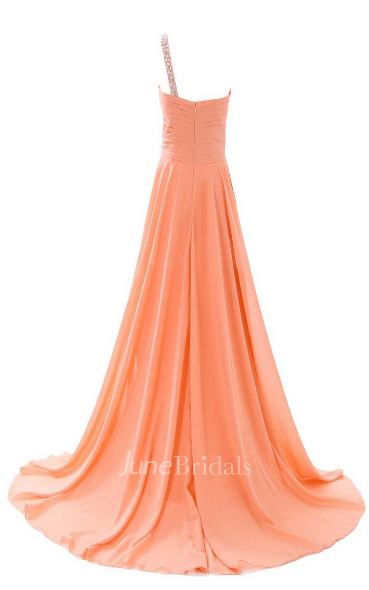 One-shoulder Rhinestoned Ruched A-line Gown With Chapel Train