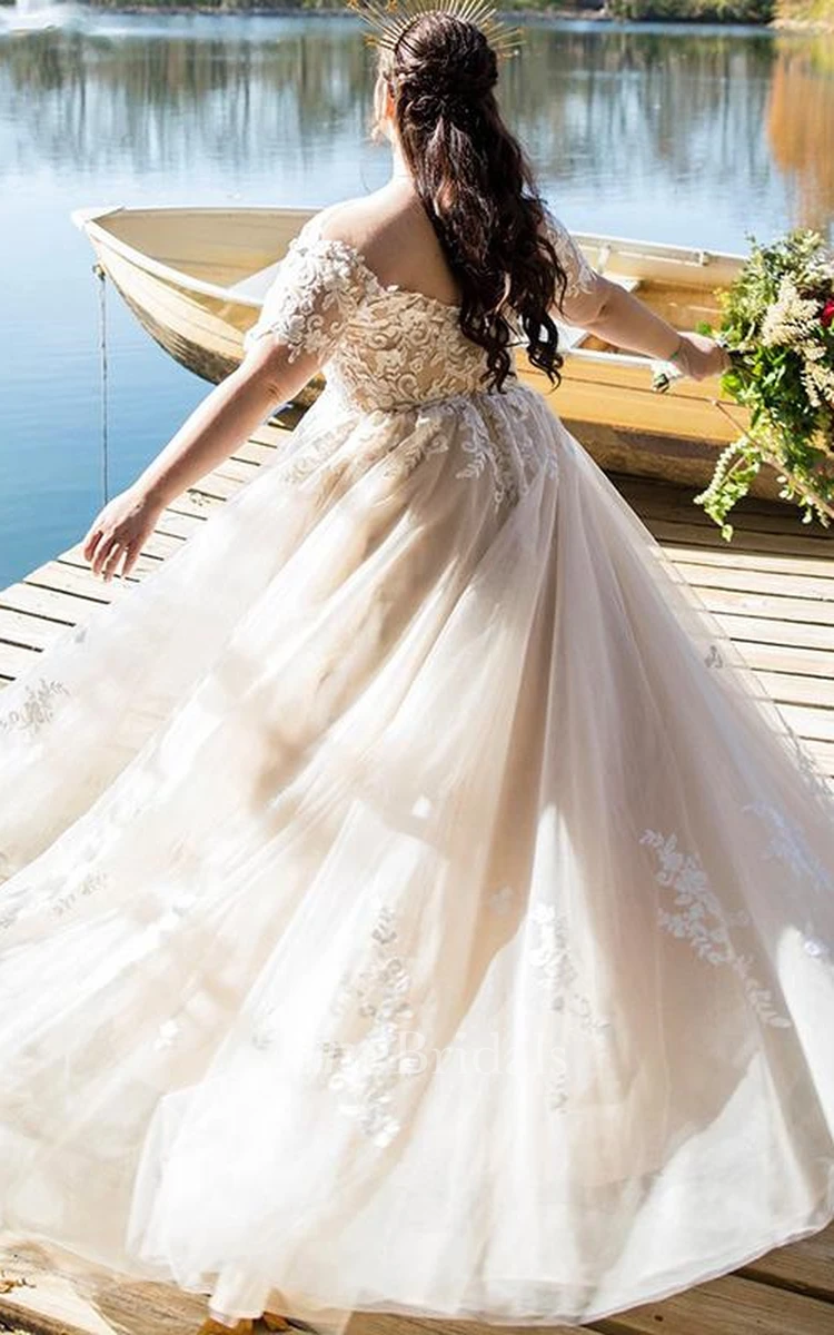Off-the-shoulder Casual A Line Tulle Wedding Dress with Appliques