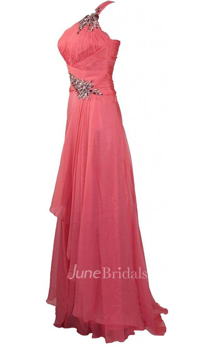 One-shoulder Long Dress With Beadings and Ruffles