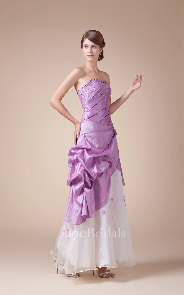 Two-Tone Strapless Pick-Up Floor-Length Dress with Rhinestone and Flower