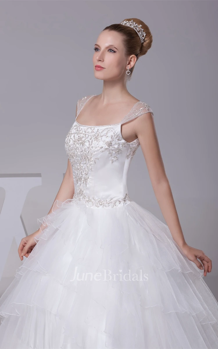 Strapped Tulle Ball Gown with Embroideries and Illusion