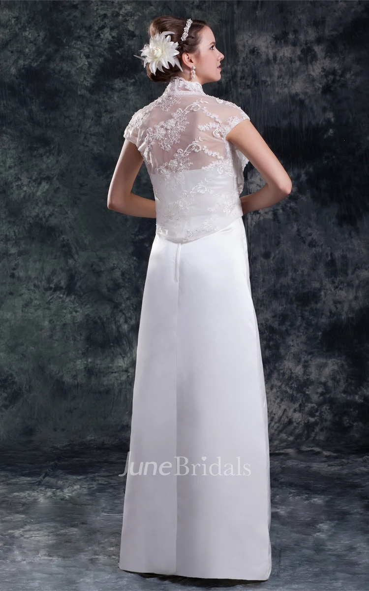 satin sheath floor-length dress with lace jacket and ribbon