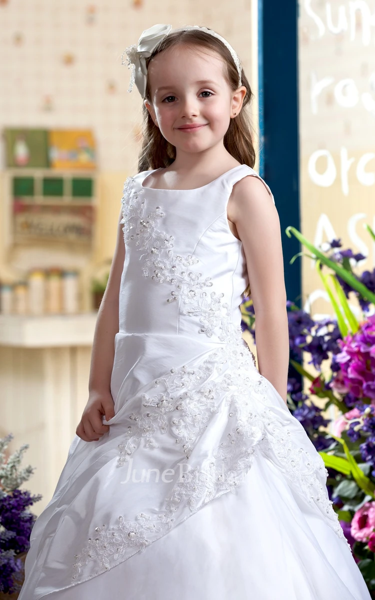 Square-Neck Appliqued Pick-Up Flower Girl Dress With Corset Back