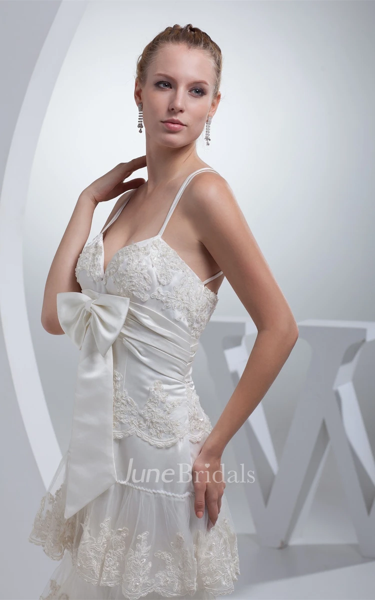 Spaghetti-Strap Tiered Gown with Appliques and Bowknot