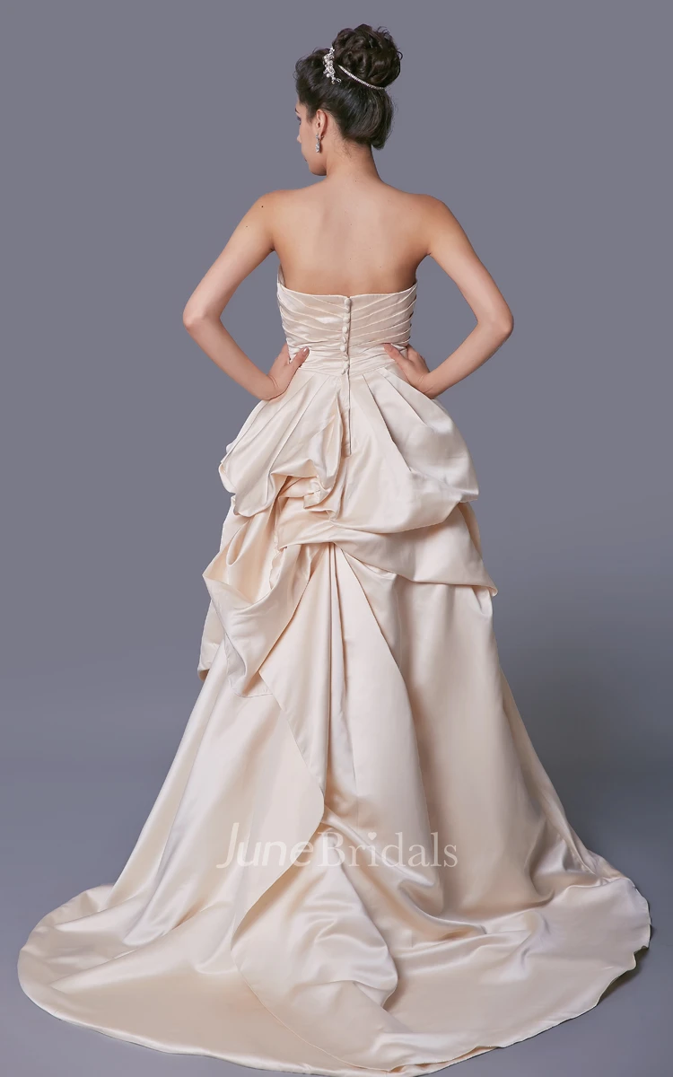 Simple Strapless A-line Ruffled Satin Long Dress