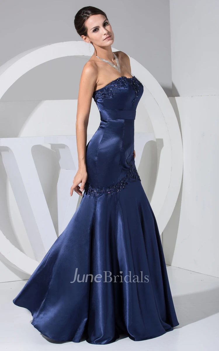 Satin Strapless Sheath Dress With Appliques