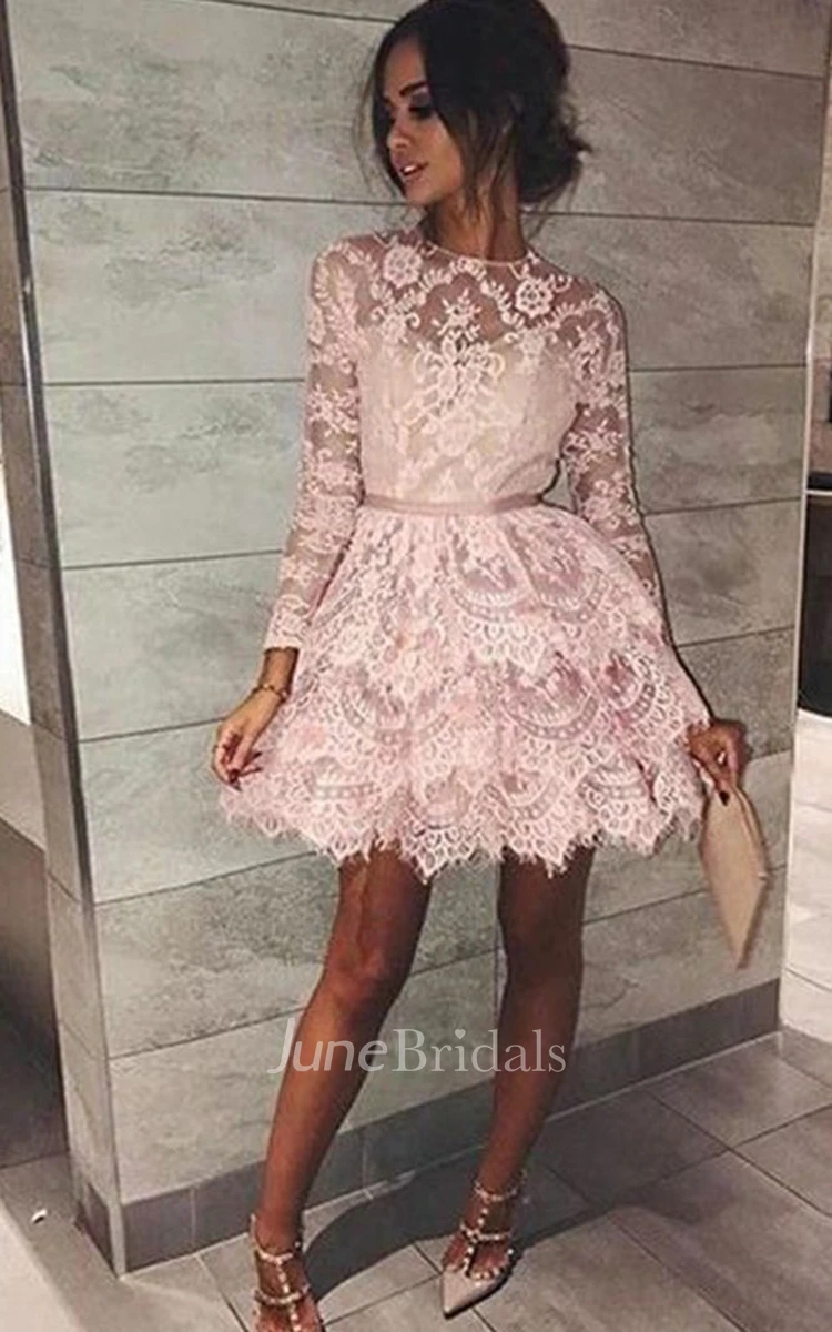 A-line High Neck Long Sleeve Sash Ribbon Tiers Short Mini Lace Homecoming Dress