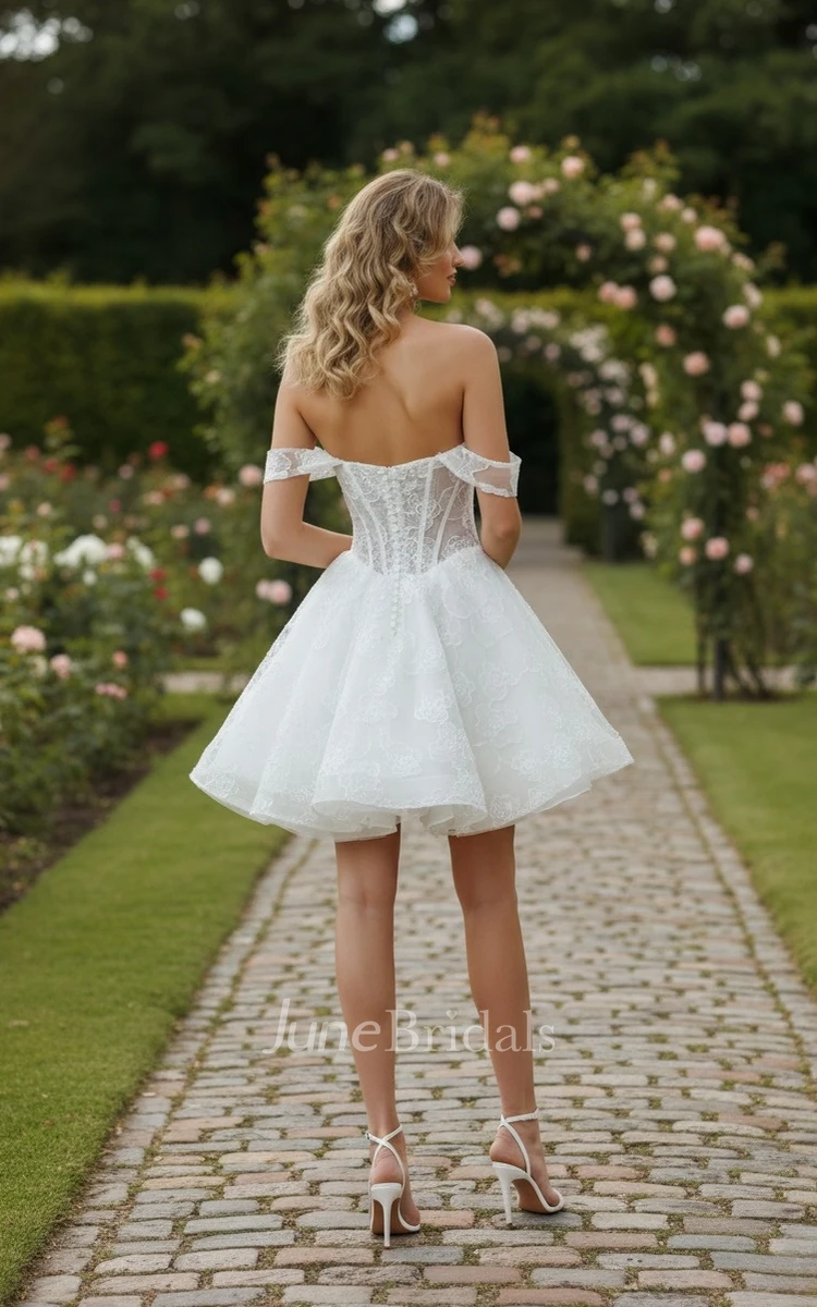 Floral Lace Off-the-Shoulder A-Line Warm Wedding Dress Adorable Short Mini Puffy Beach Bridal Gown