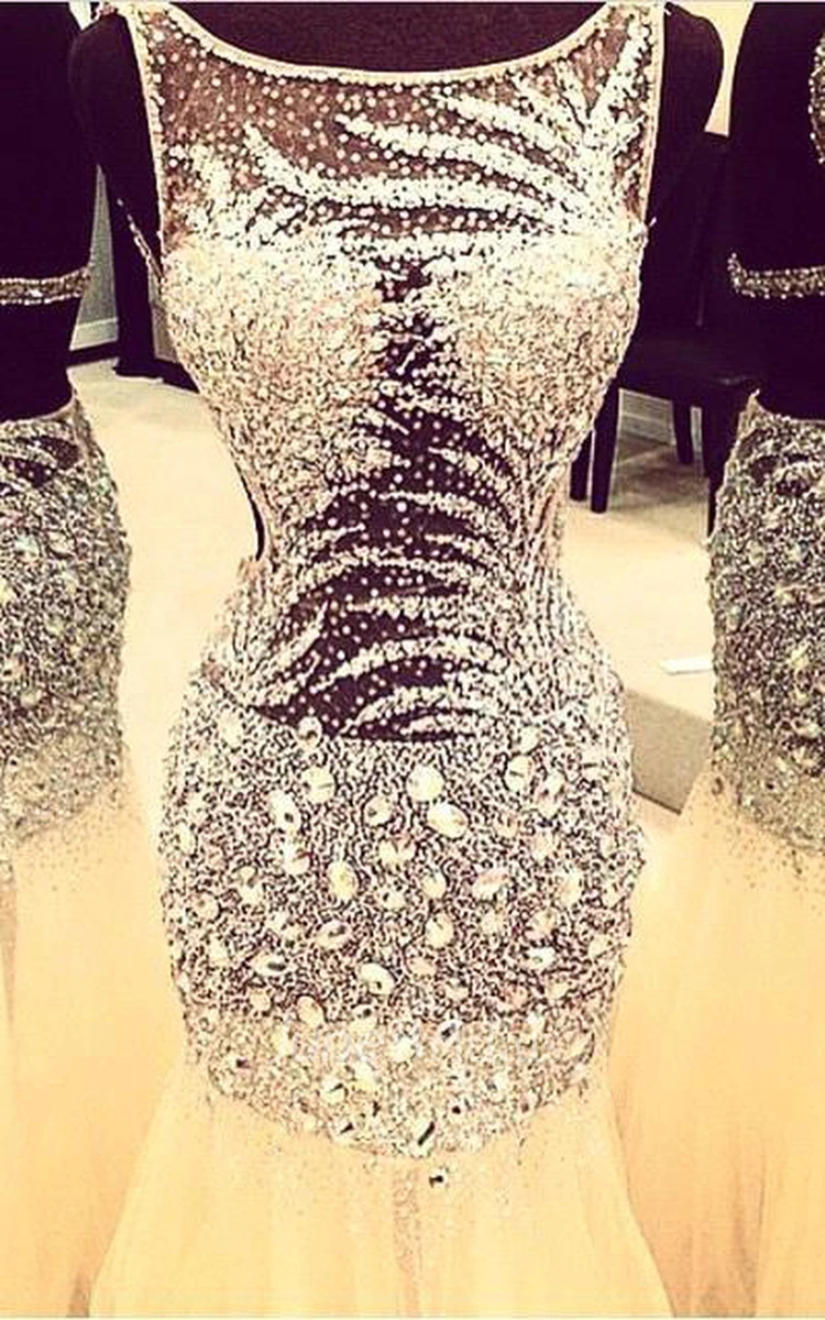 Luxurious Sleeveless Mermaid Prom Dresses Crystals Tulle Floor Length