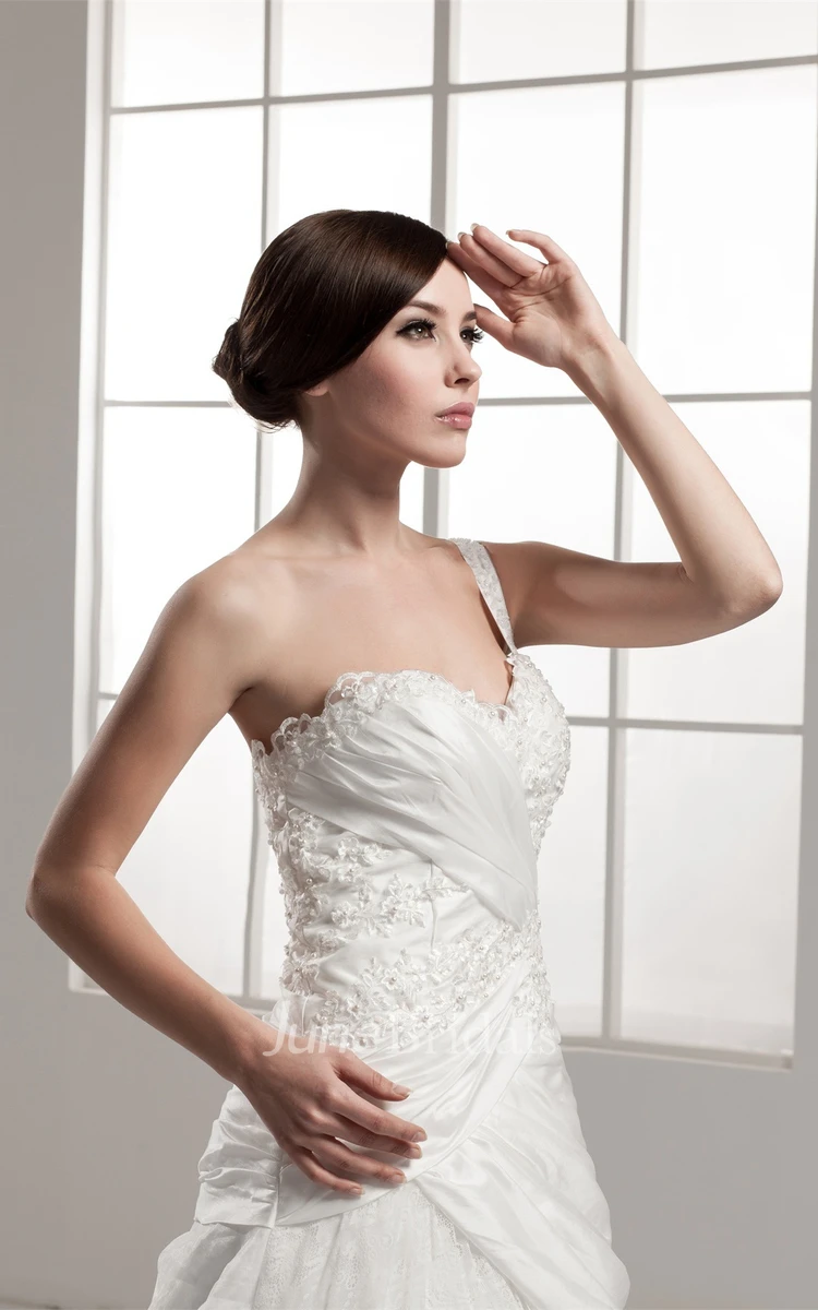 Sleeveless Lace A-Line Gown with Draping and Single Strap