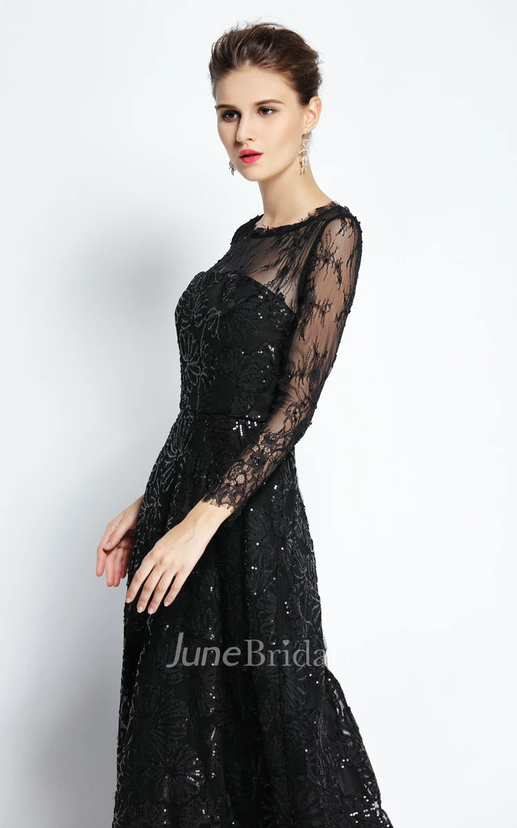 A-Line Bateau Scalloped Illusion Long Sleeve Floor-length Lace Prom Dress with Low-V Back