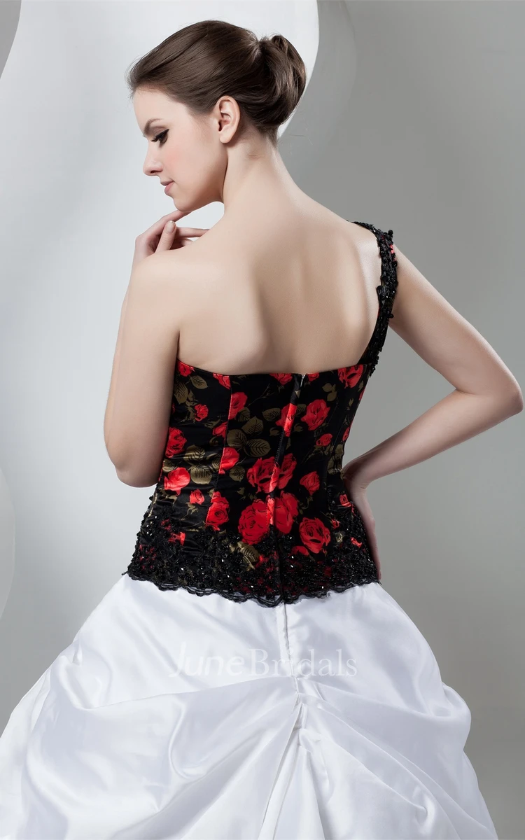 Floral One-Shoulder Pick-Up Gown with Beading and Appliques