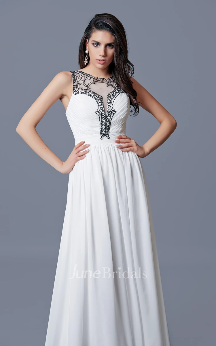 Jewel Neckline Pleated A-line Long Chiffon Dress