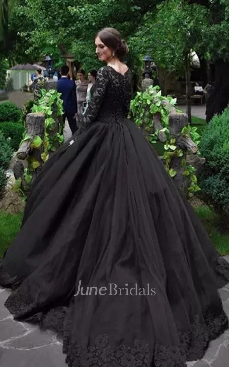 Ball Gown Bateau Lace Tulle Floor-length Sweep Train Long Sleeve Wedding Dress with Illusion Back