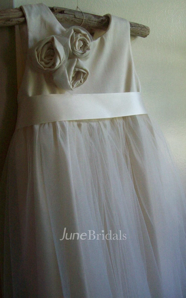 Sleeveless Tulle Dress With Flower&Button