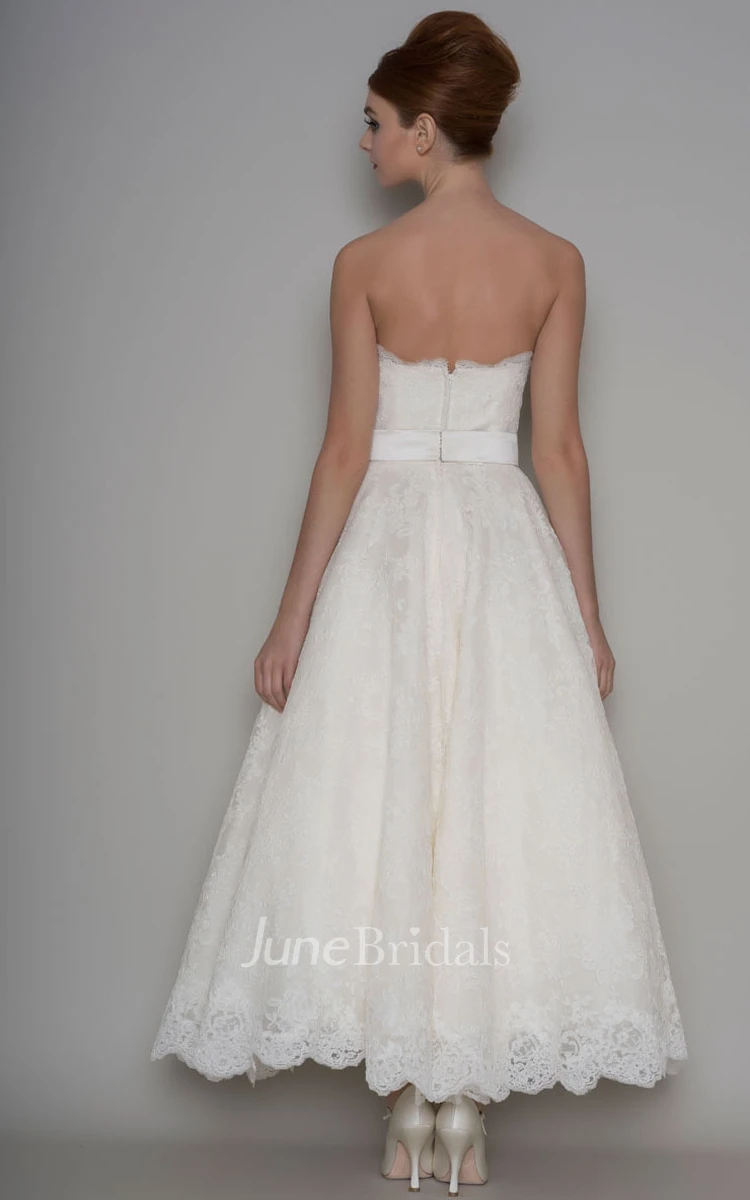 Ankle-Length A-Line Appliqued Strapless Lace Wedding Dress With Bow