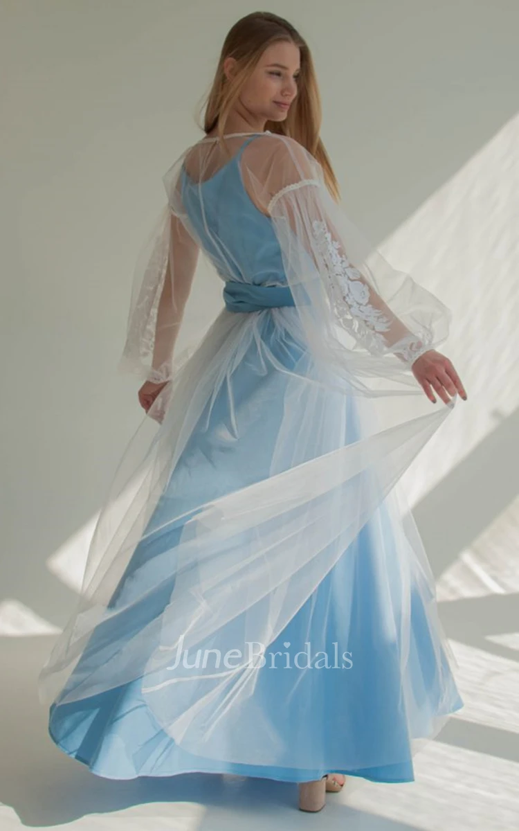Bohemian Tulle A Line Square Neck Prom Dress with Sash