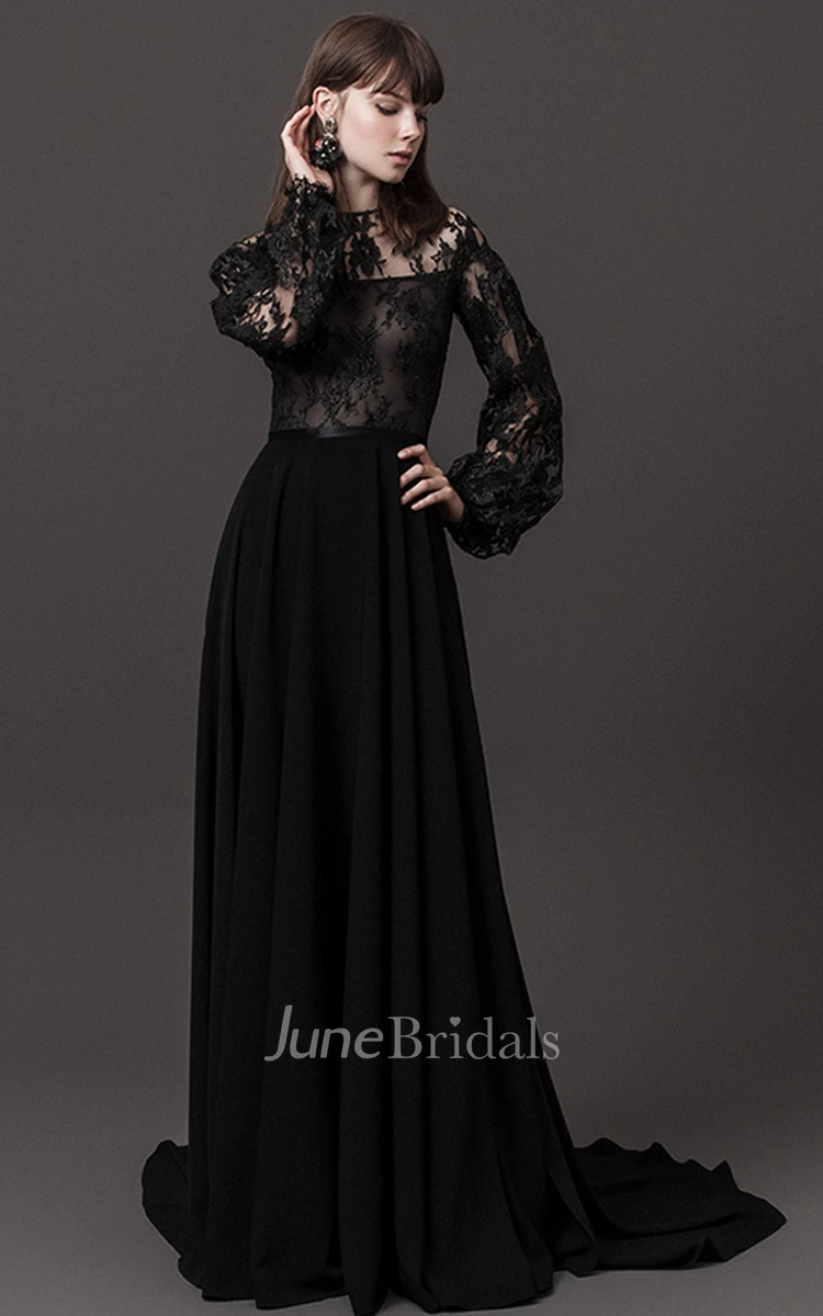 Modern A Line Long Sleeve Chiffon Jewel Neckline Floor-length Evening Dress with Ruching