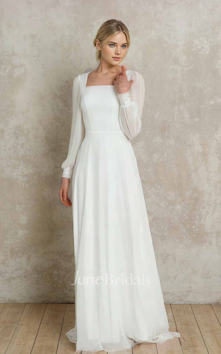 Elegant Vintage A-Line Square Neck Chiffon Wedding Dress Floor-length Long Sleeve Bridal Gown with Button Back Sweep Train