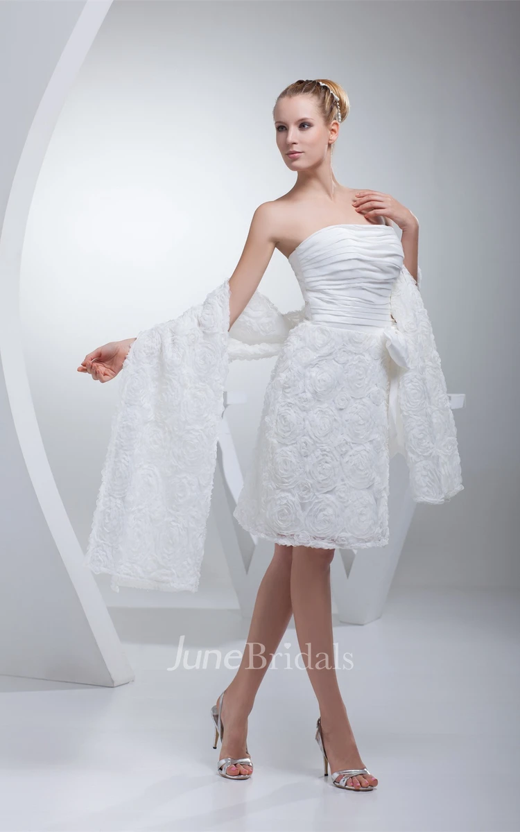 Strapless Knee-Length Appliqued Dress with Ruching and Wrap