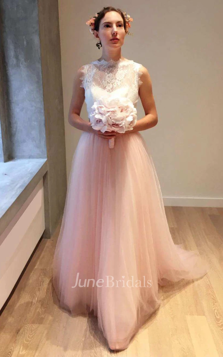 Bateau Sleeveless A-Line Tulle Wedding Dress With Lace Top